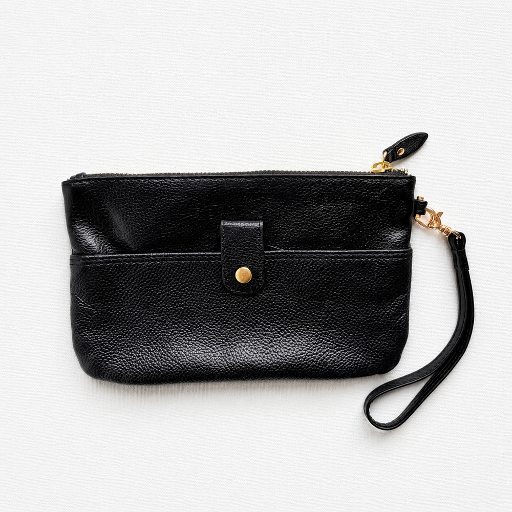 Black pebbled leather wristlet pouch with gold hardware minimalist zip clutch